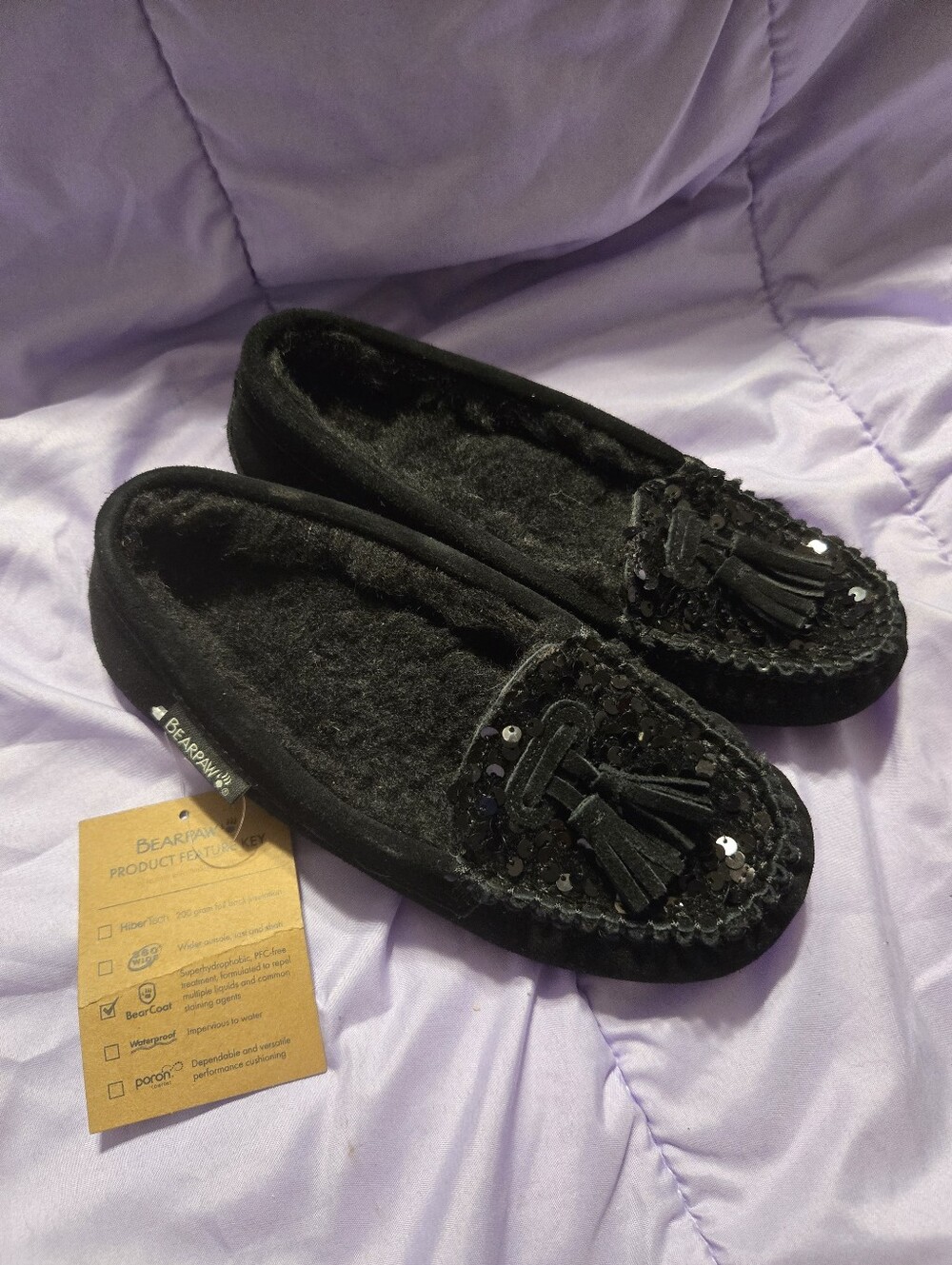 NWT BearPaw Black Sequin Tassel Moccasin Slippers
